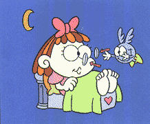 Cartoon of a child putting in lenses at bedtime
